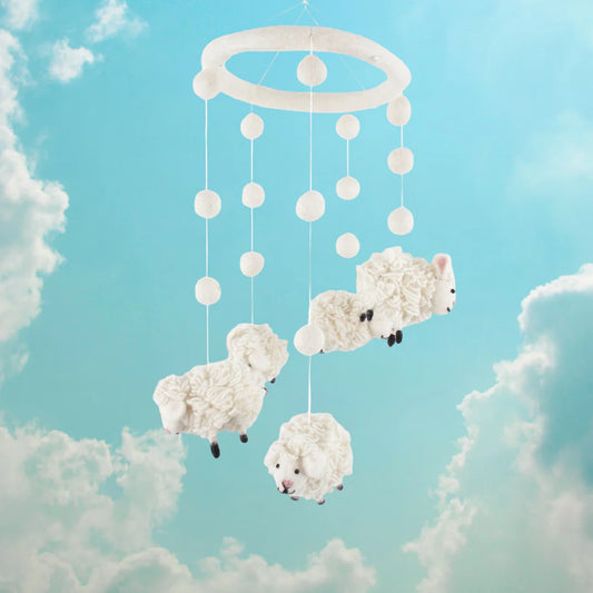 White Lamb Baby Mobile – Handmade Wool Mobile for Nursery