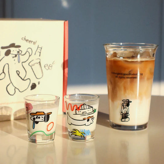 Dog glass gift set with open lid and cute illustrations