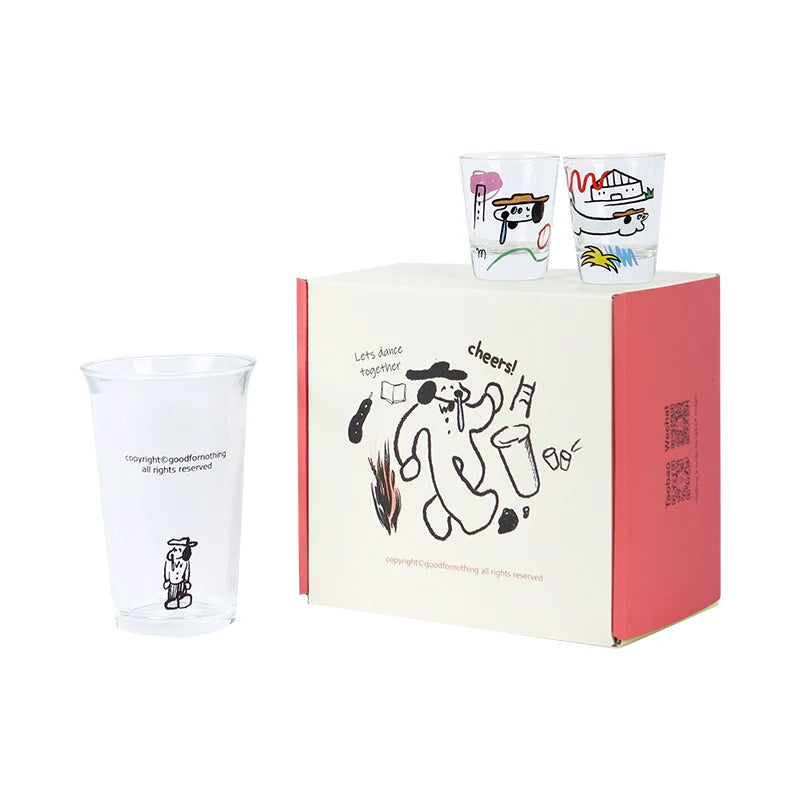 Size details of 380ml and 50ml dog-illustrated glass cups