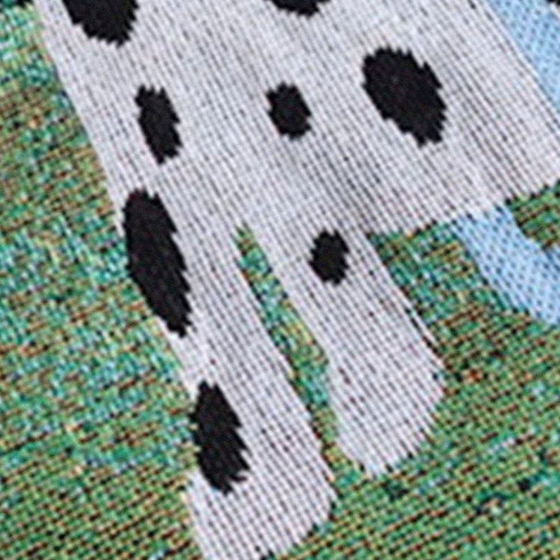 Knitted blanket fringe with vibrant weave details
