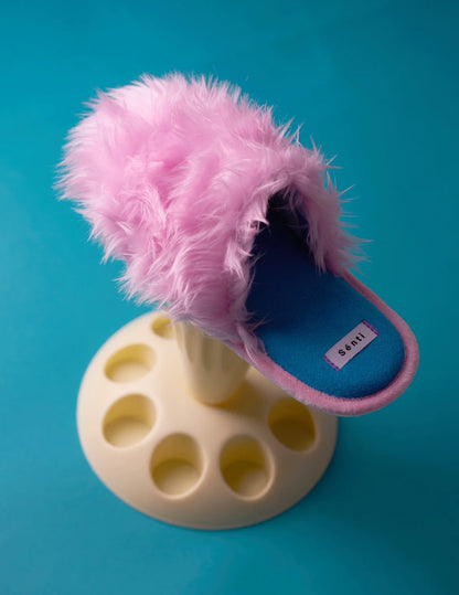 Pastel pink fluffy indoor slippers with anti-slip sole
