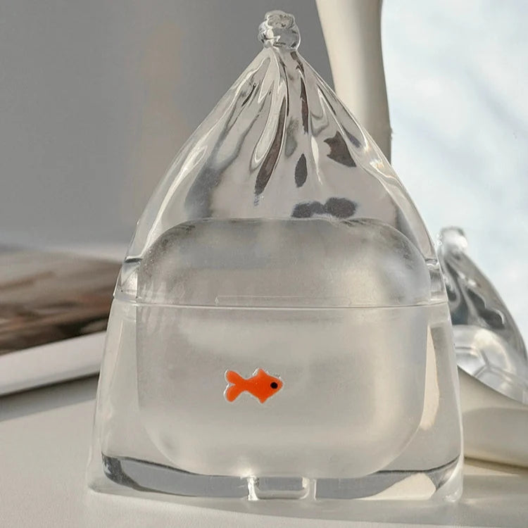 Transparent fish bag style AirPods case with floating goldfish (closed)