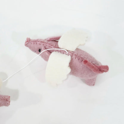 Handmade flying pig baby mobile made of 100% wool, eco-friendly nursery decor