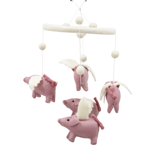 Handmade flying pig baby mobile made of 100% wool, eco-friendly nursery decor