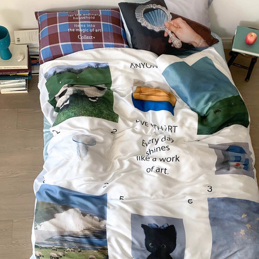 Art-themed summer bedding set with collage design and quotes