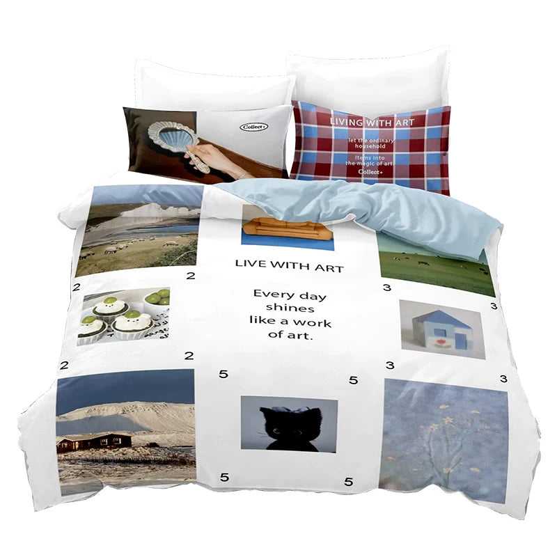 Complete 4-piece bedding set with artistic collage and blue reverse