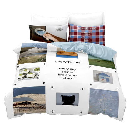 Complete 4-piece bedding set with artistic collage and blue reverse