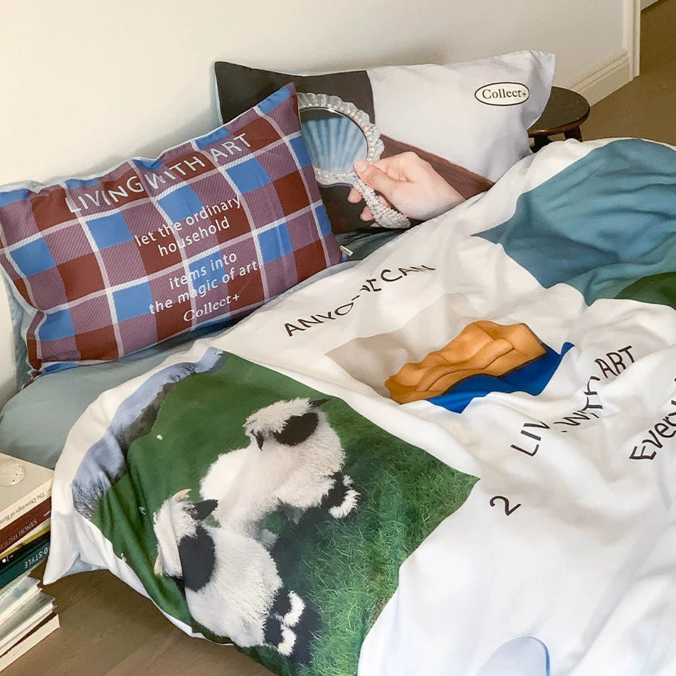 Pillowcases with plaid and mirror print graphics from Live with Art bedding