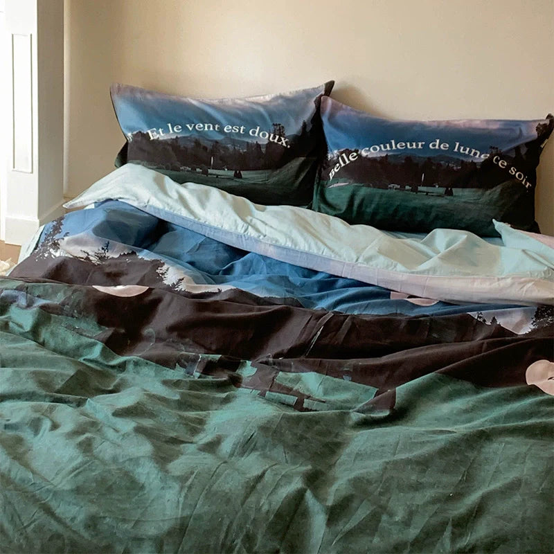 Cotton bedding set with scenic blue sky and grassland print on bed