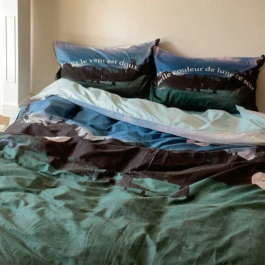 Cotton bedding set with scenic blue sky and grassland print on bed