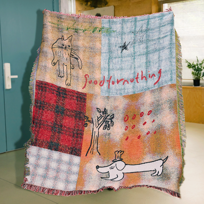 Patchwork cat and dog tapestry throw with retro check pattern