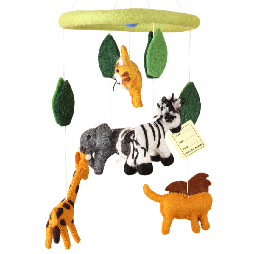 Handmade safari baby mobile with lion, zebra, elephant, giraffe, and tiger – eco-friendly wool nursery decor