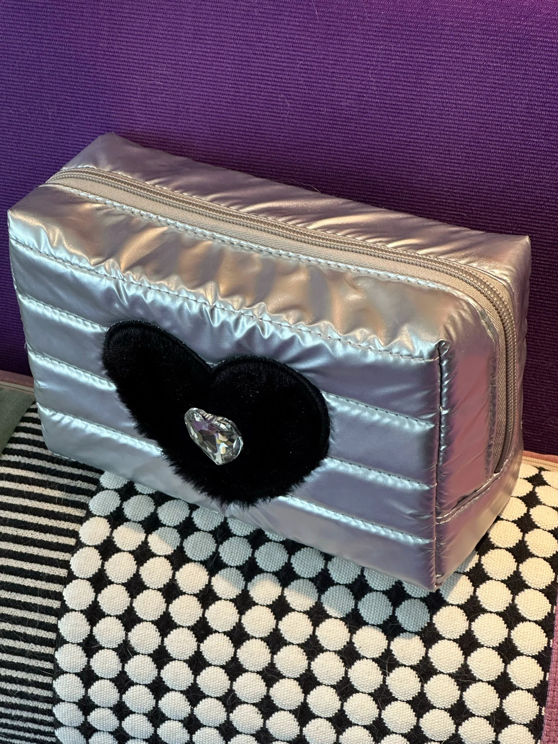 Silver Y2K makeup bag with pink heart and jewel