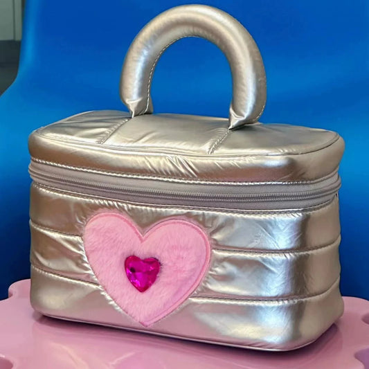 Silver Y2K makeup bag with pink heart and jewel (large)