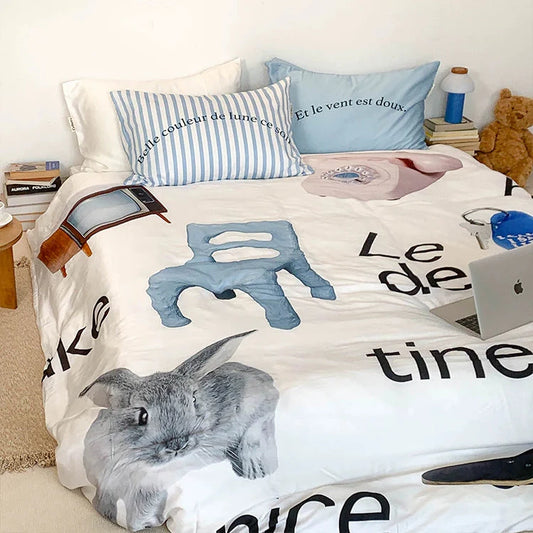 Summer cotton 4-piece bedding set in blue with cute illustrations