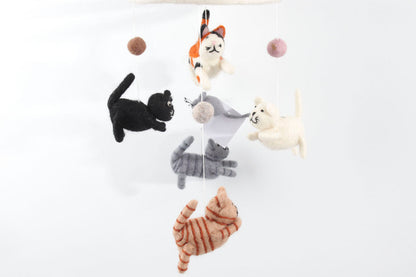Handmade wool felt baby mobile with 5 cats and 1 mouse – eco-friendly nursery gift
